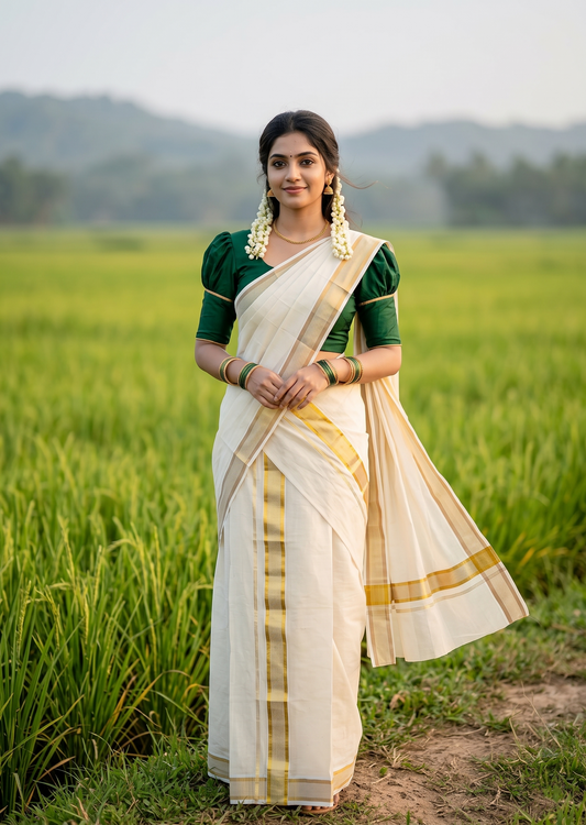 Southloom Pure Cotton Kerala Set Mundu (Mundum Neriyathum) Kasavu Lines Border in 2.80 Mtrs SLKK SL470