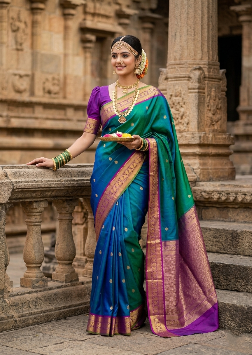 Southloom Pure Handloom Bridal Kanchipuram Silk Saree with Korvai Work (Blue & Violet)