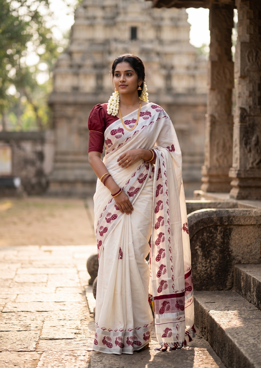 Southloom Cotton Kerala Kasavu Saree with Digital Print on Body in Maroon SL519