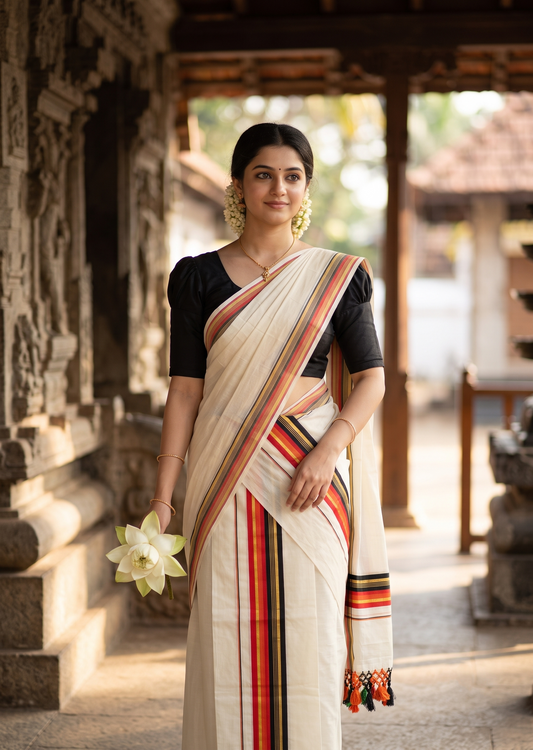 Southloom Kerala Cotton Kasavu Single Set Mundu (Mundum Neriyathum) with Orange and Black Border SLKK SL518