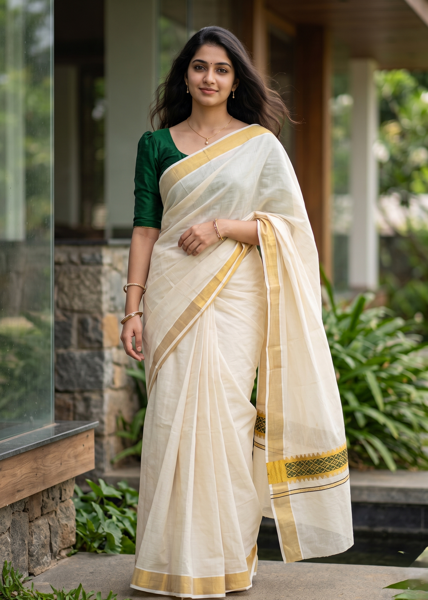 Southloom Kerala Cotton Saree (Green) SL452