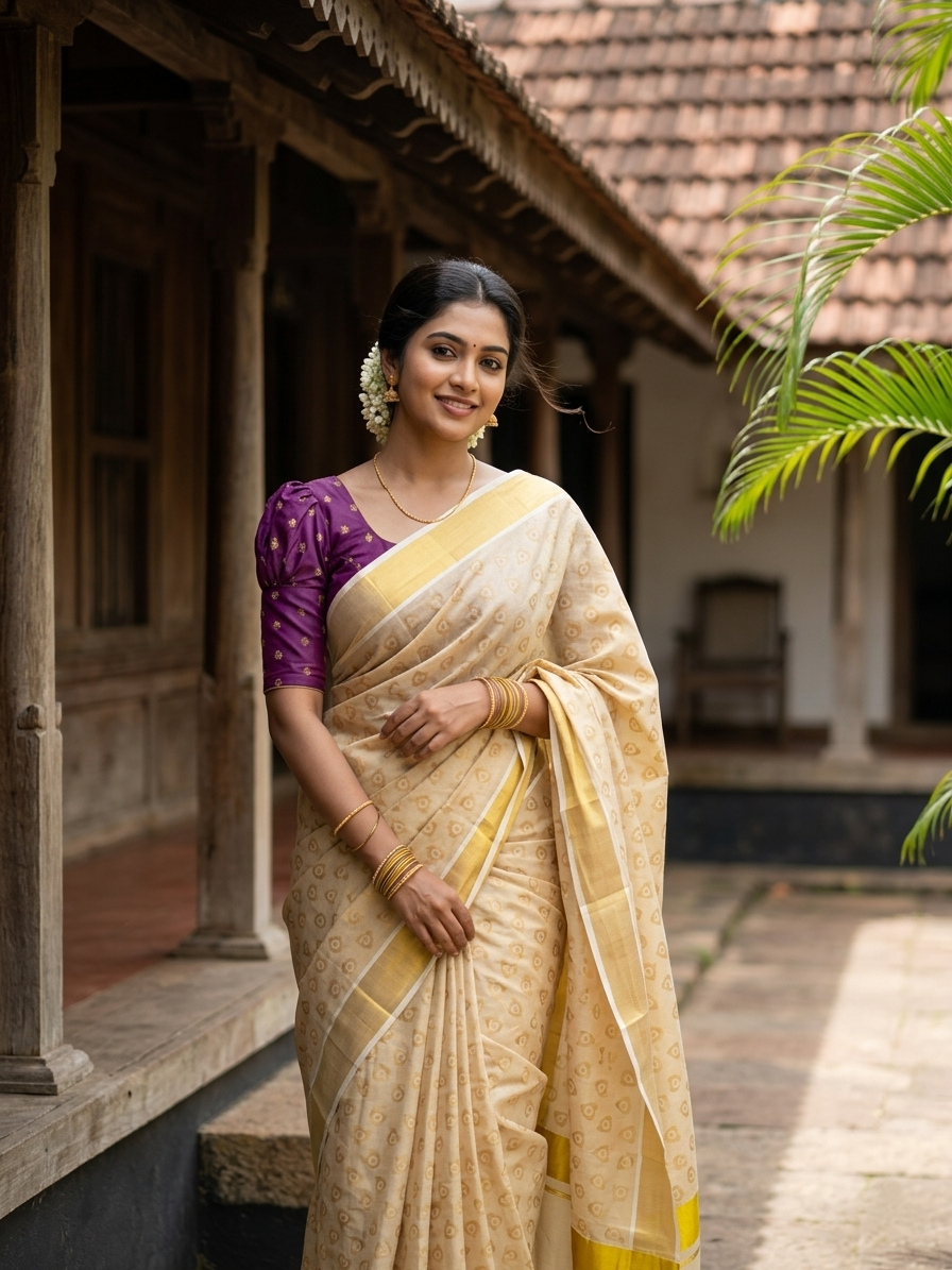 Kerala Tissue Kasavu Saree with Brown Block Printed Designs