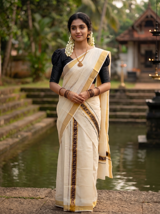 Southloom Kerala Pure Cotton Set Mundu Single (Mundum Neriyathum) with Black Block Prints on Kasavu Border-2.80Mtrs SL426