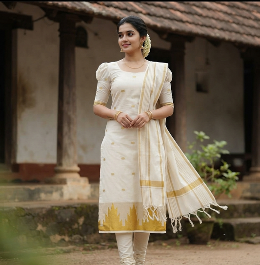 Southloom™ Cotton Churidar Salwar Suit Unstiched Material with Woven Design in Temple Border  (include Lines Shawl / Dupatta) SL601