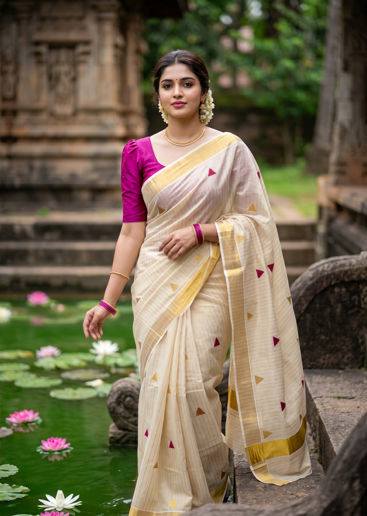 Kerala Tissue Kasavu Stripes Saree with Magenta and Gold Temple Embroidery Design on Body SL432