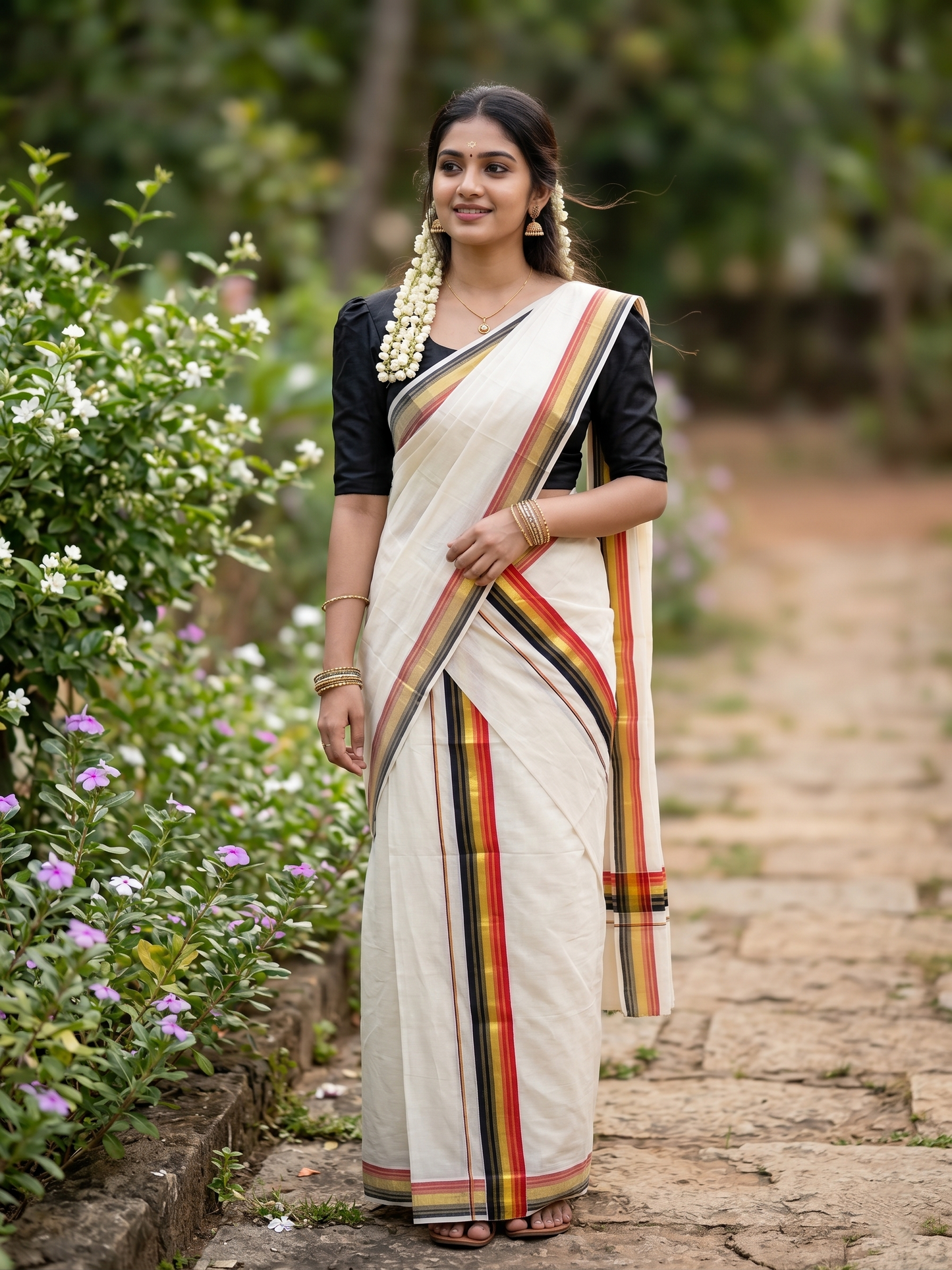 Southloom Kerala Cotton Kasavu Single Set Mundu (Mundum Neriyathum) with Black and Orange Kasavu Border SLKK SL480