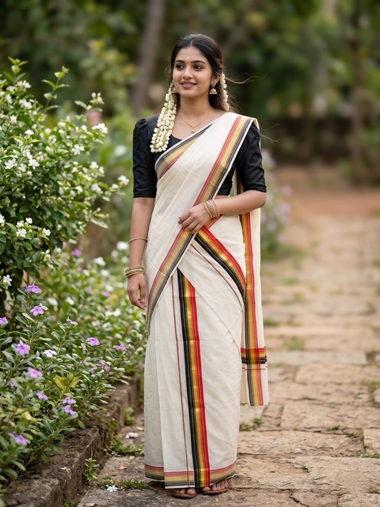 Southloom Kerala Cotton Kasavu Single Set Mundu (Mundum Neriyathum) with Black and Orange Kasavu Border SLKK SL480