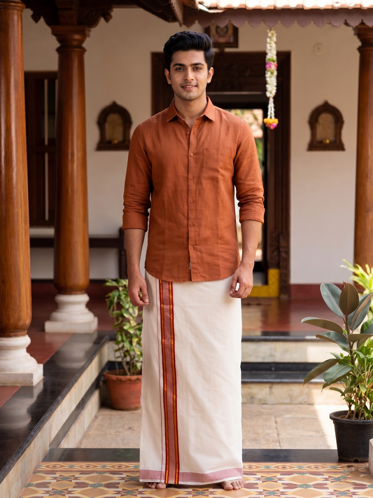 Southloom Pure Cotton Mundu with Gold lines& Orange Border (South Indian Kerala Dhoti)