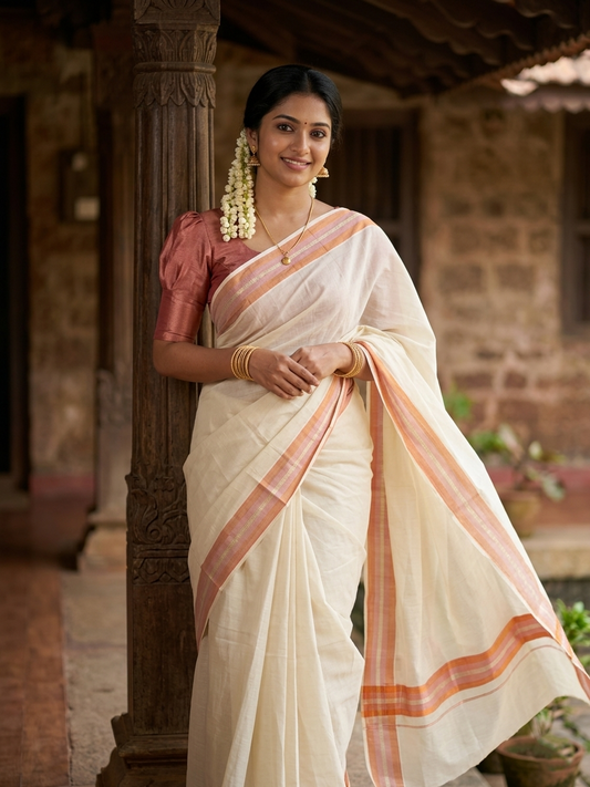 Pure Cotton Kerala Saree with 3 inch Copper and Silver Kasavu Border