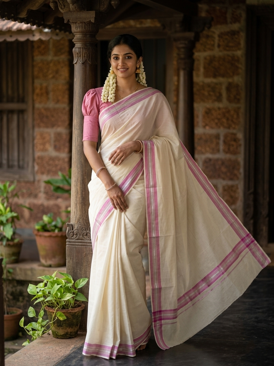 Kerala Pure Cotton Plain Saree with Silver Kasavu and Magenta Border