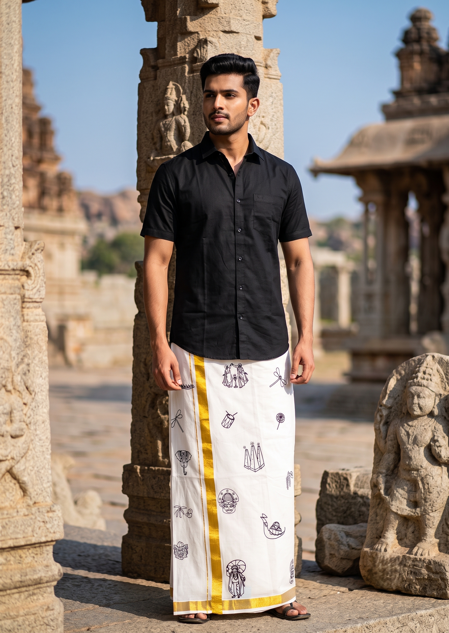 Southloom Kerala Cotton Onam Digital Printed Double Mundu (South Indian Kerala Dhoti) SL567