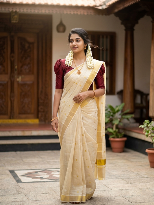 Kerala Tissue Kasavu  Saree with Golden  Embroidery Works