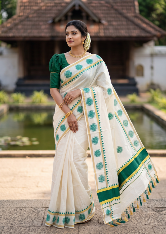 Southloom Cotton Kerala Kasavu Saree with Digital Print On Body With Temple Borders With Tussles In Green SL519