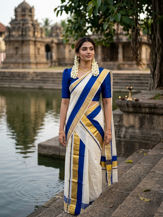 Kerala Cotton Set Mundu (Mundum Neriyathum) with Blue and Kasavu Border 2.80 Mtrs