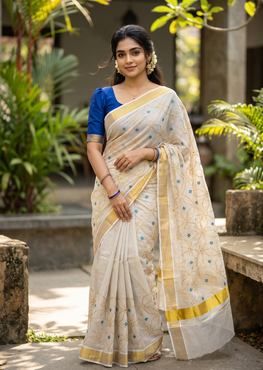 Southloom Kerala Tissue Kasavu Saree with Floral Embroidery Work on Body in Blue