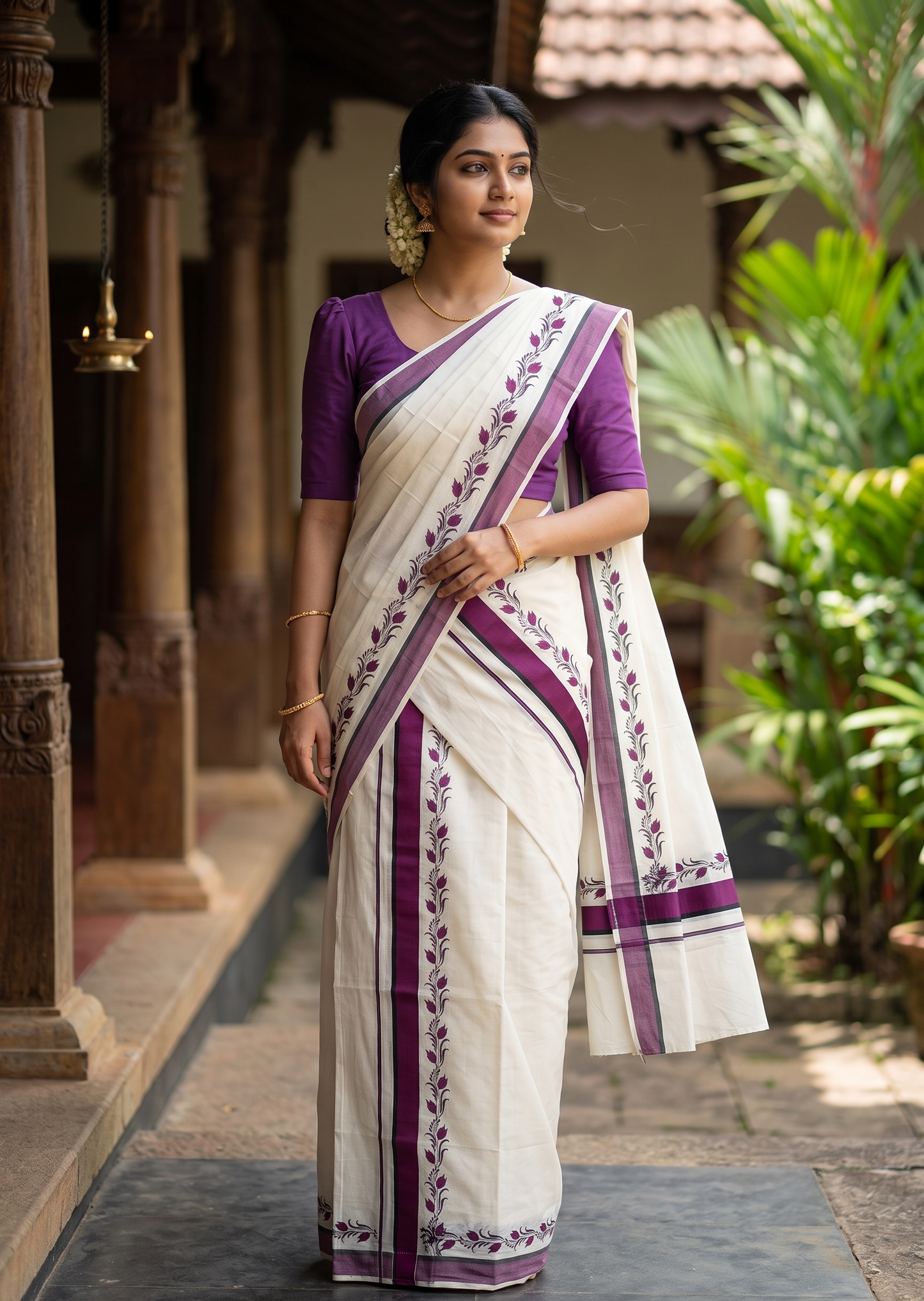 Southloom Pure Cotton Kerala Single Set Mundu (Mundum Neriyathum) with Digital Prints in Purple  2.75 Mtrs SL538