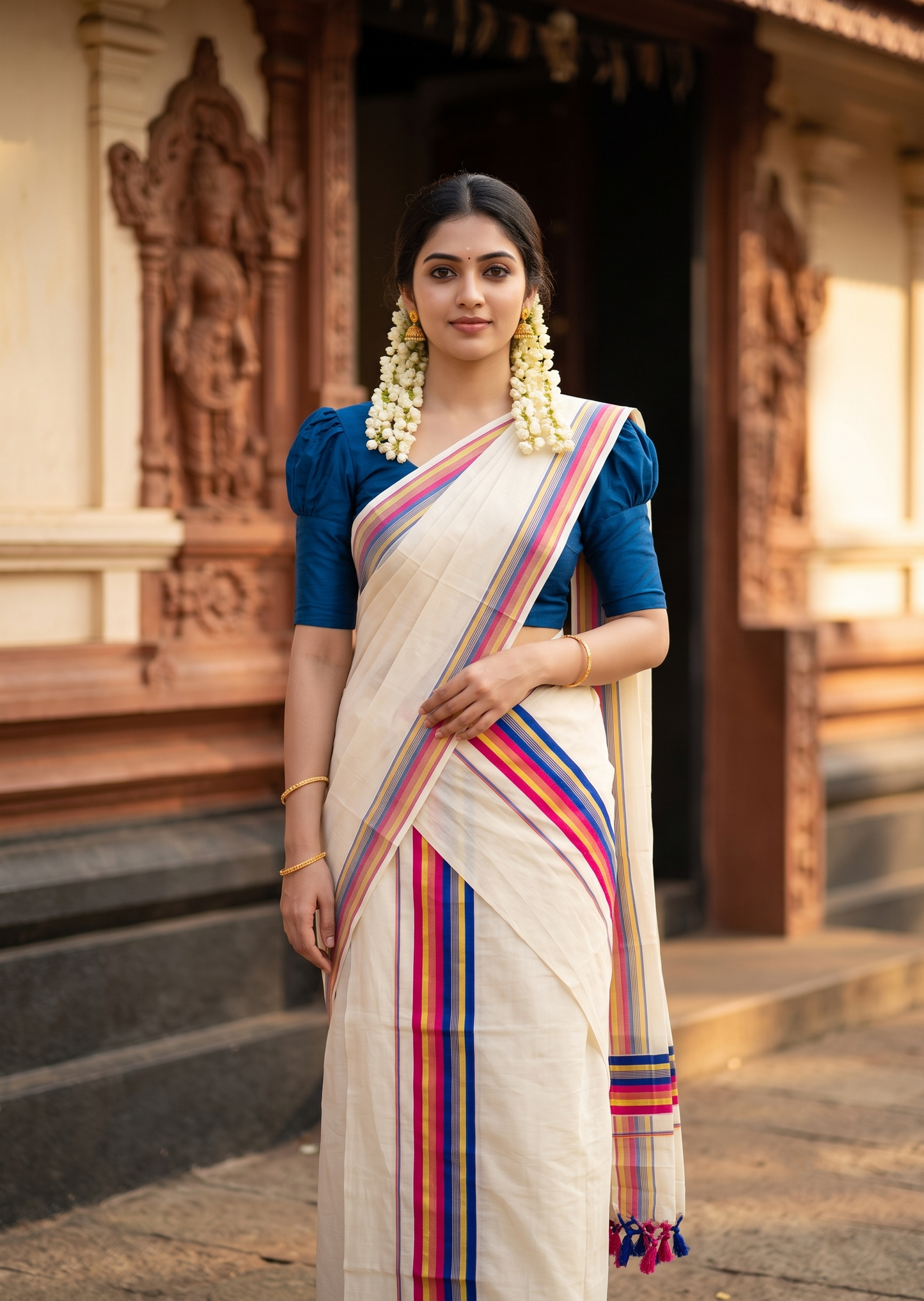 Southloom Kerala Cotton Kasavu Single Set Mundu (Mundum Neriyathum) with Pink and Blue Border SLKK SL518