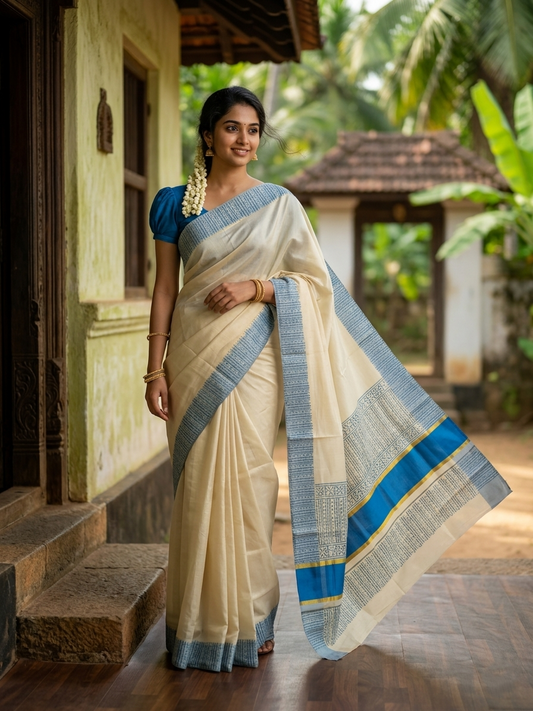 Southloom Tissue Kerala Kasavu Saree with Block Print on Body and Borders in Blue