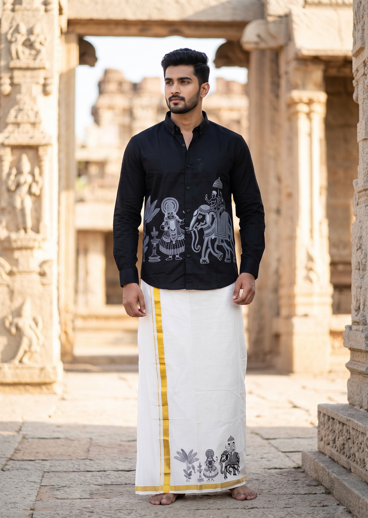 Southloom Linen Cotton Elephant Embroidery Design Men's Combo In Black (Shirt + Mundu) SLCOMBO SL571