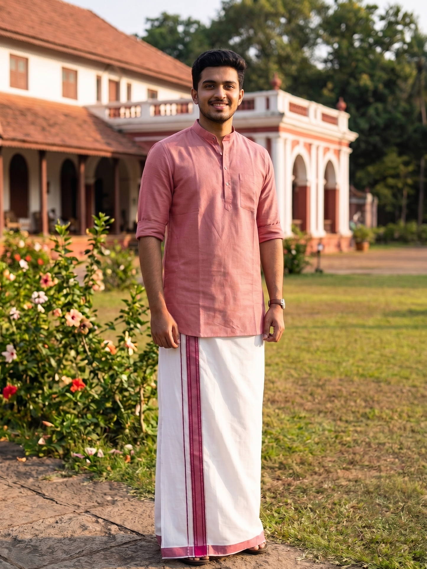 Southloom Pure White Cotton Mundu with Silver Line & Dark Pink Border (South Indian Kerala Dhoti)