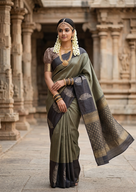 Southloom Pure Handloom Bridal Kanchipuram Silk Saree with Korvai Work (Brown)