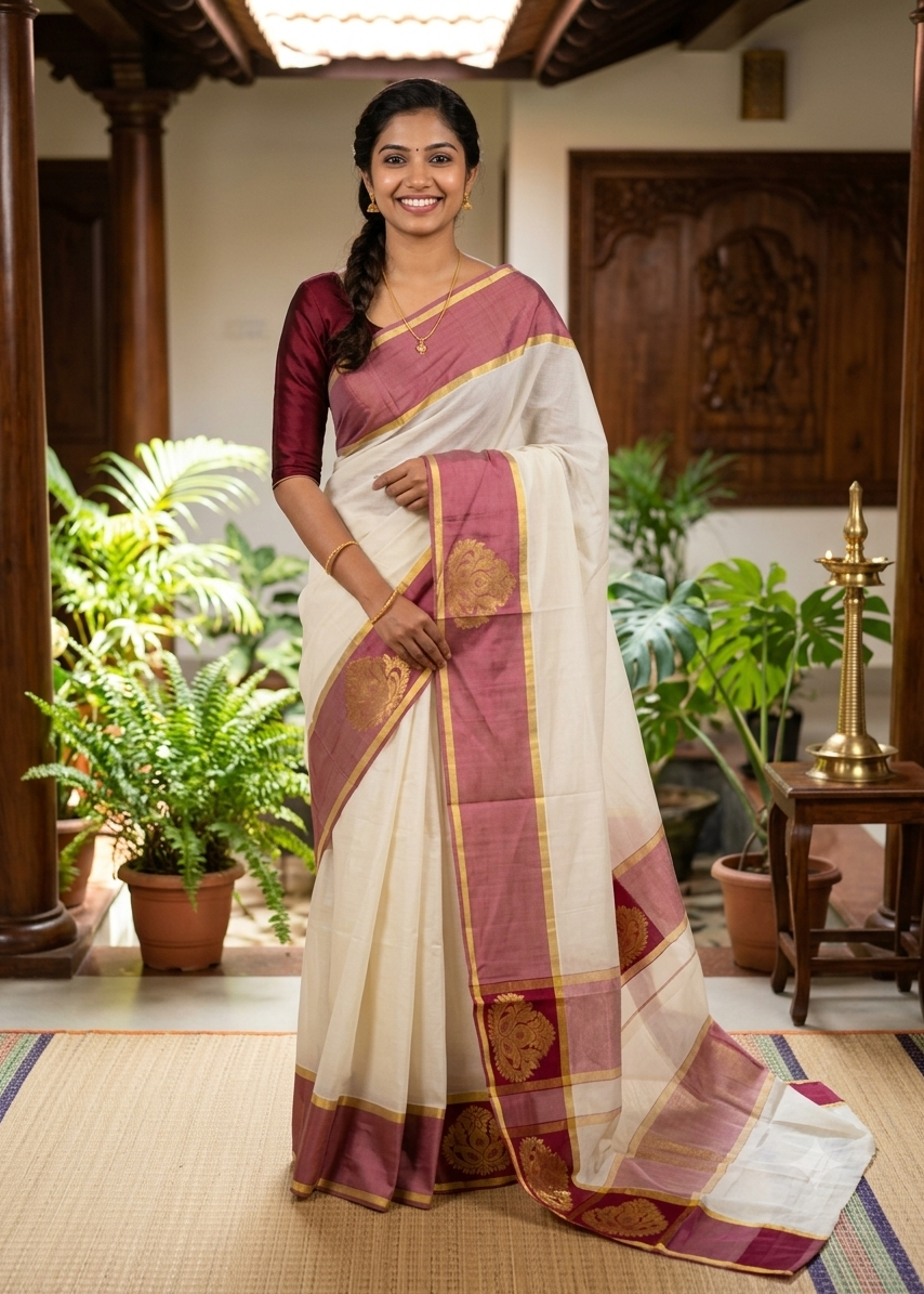 Southloom Kerala Cotton Saree with Maroon Borders SL620