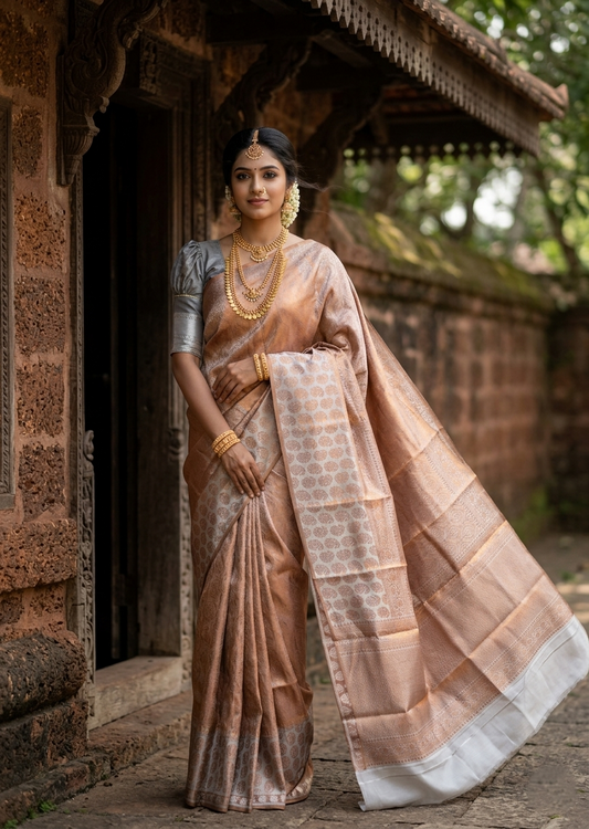 Southloom Brocade Silk Bridal Saree WIth Woven Borders And Blouse Piece in Gold And Grey