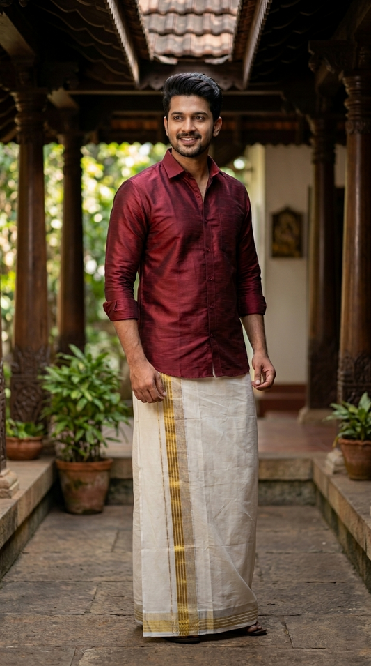 Southloom Kerala Pure Cotton Double Mundu with Gold Kasavu and Border (South Indian Dhoti)