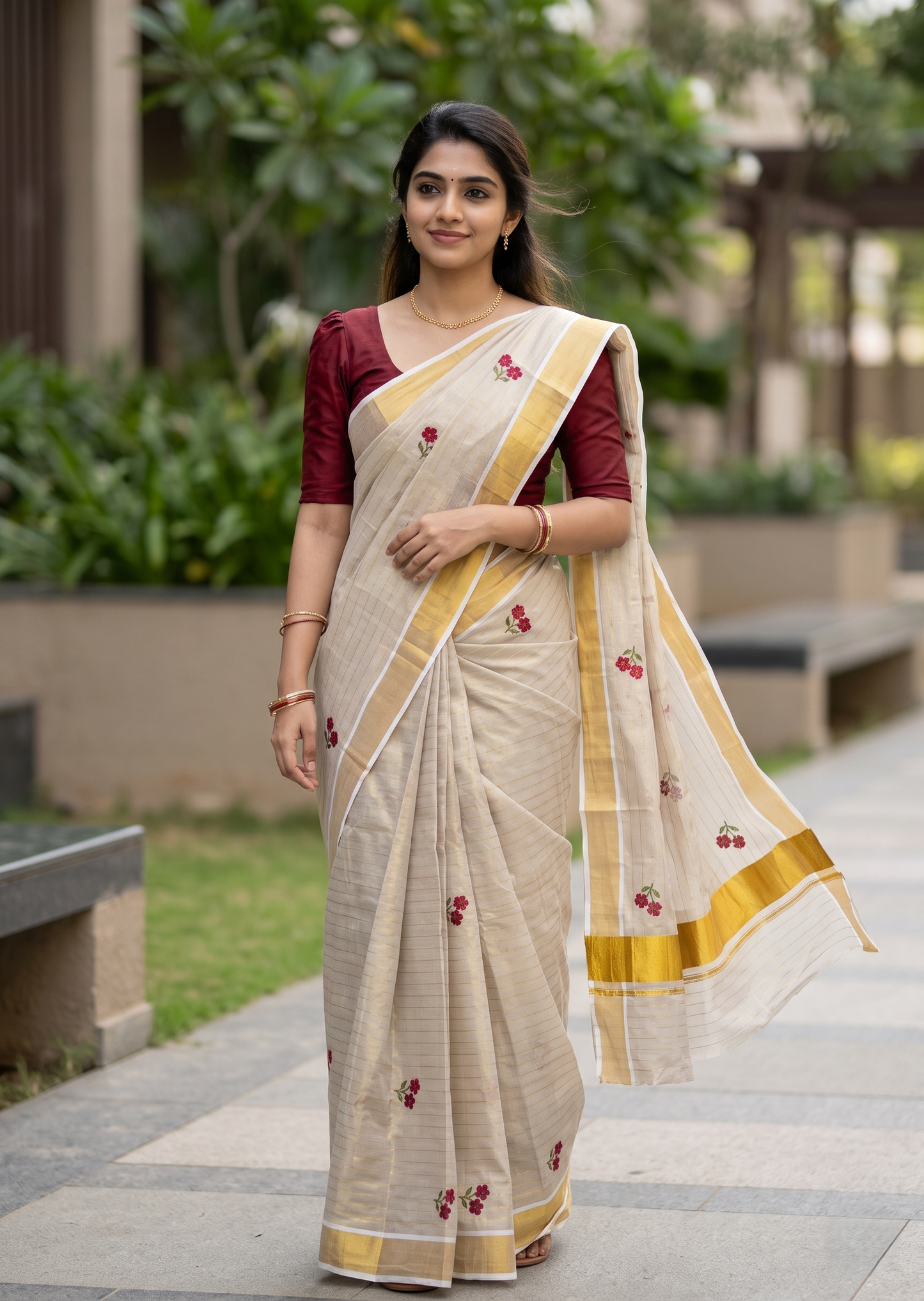 Southloom Kerala Tissue Kasavu Lines Saree with Red&Maroon Floral embroidery work