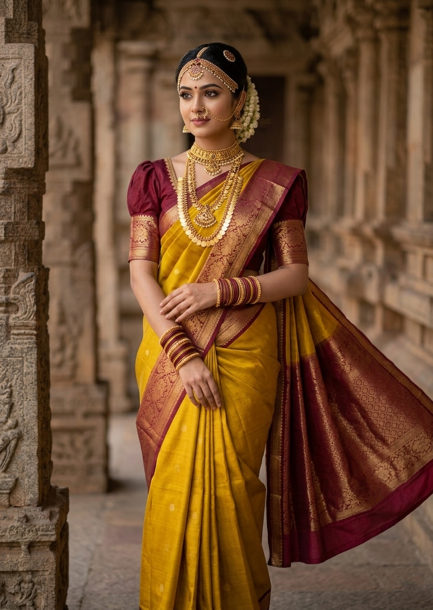 Southloom Premium Handloom Bridal Kanchipuram Silk Saree with Koravi Works (Yellow & Maroon)