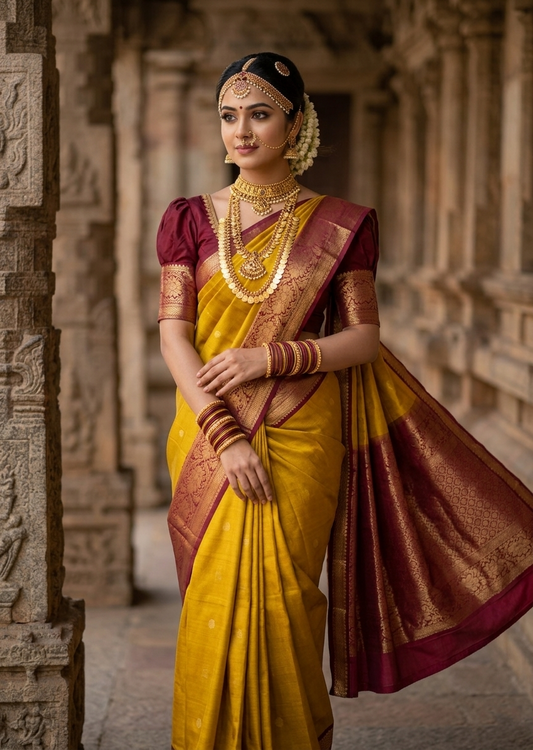 Southloom Premium Handloom Bridal Kanchipuram Silk Saree with Koravi Works (Yellow & Maroon)