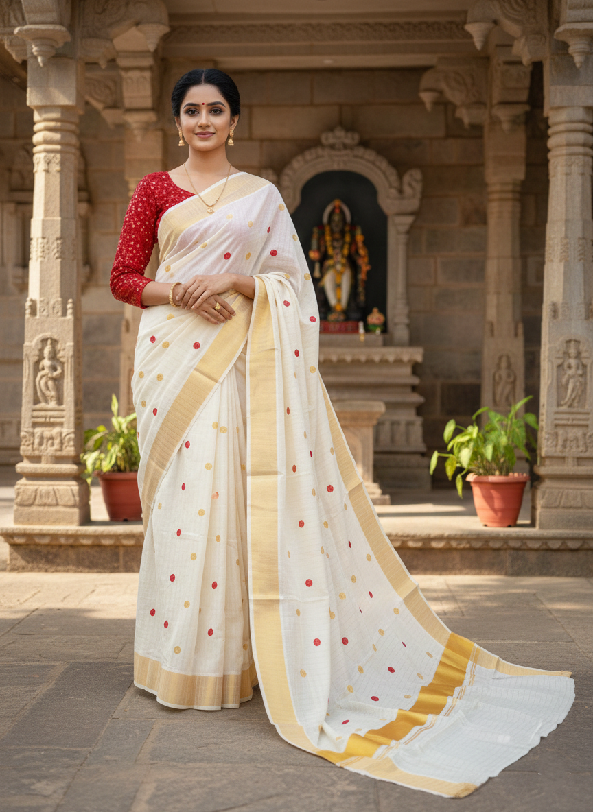 Southloom Kerala Pure Cotton Saree with Gold & Red Polka Embroidery Works on Body SL281
