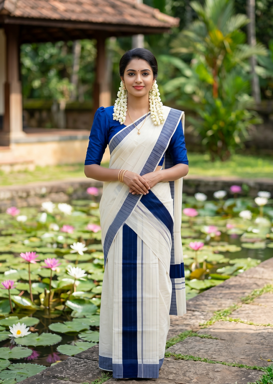 Southloom Pure Cotton Kerala Single Set Mundu (Mundum Neriyathum) with Stripes Design in Blue 2.80 Mtrs SL355