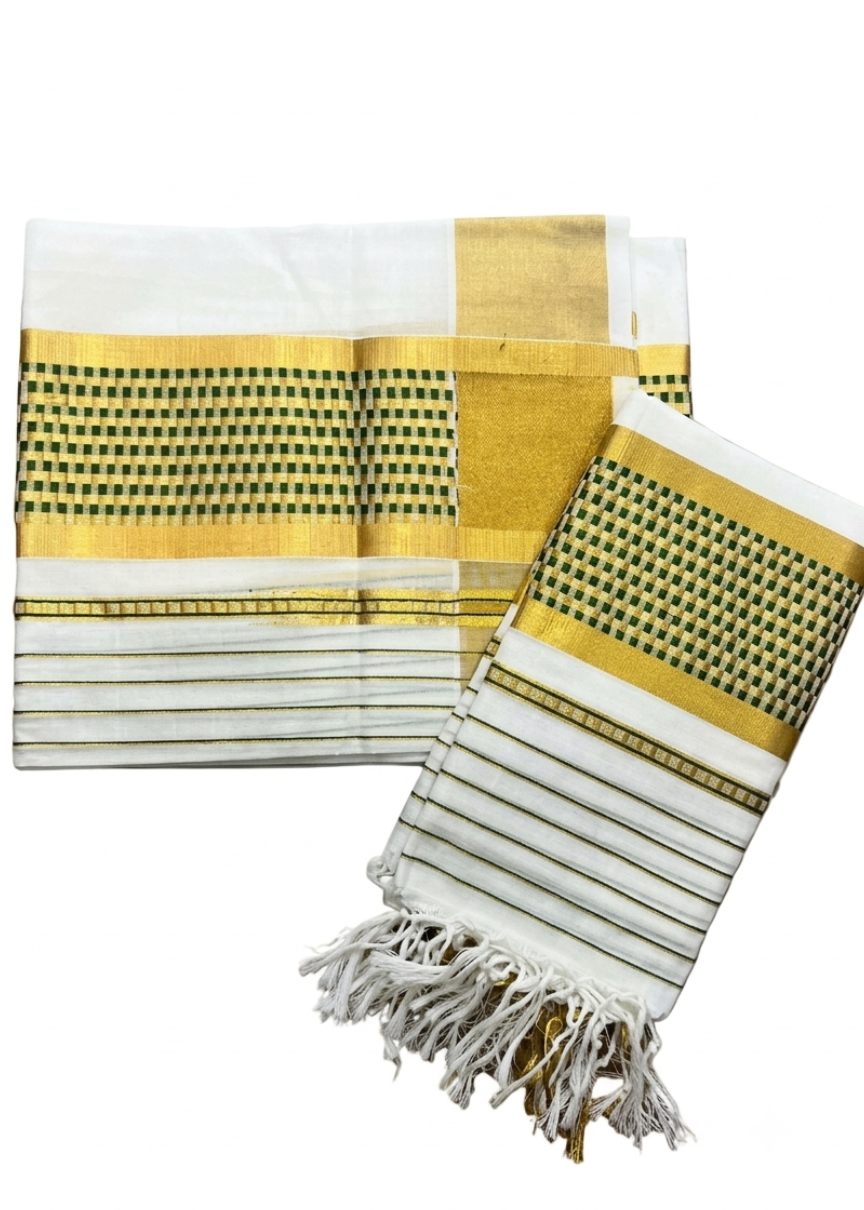 Southloom Cotton Handloom Set Mundu (Olive Green) SL619