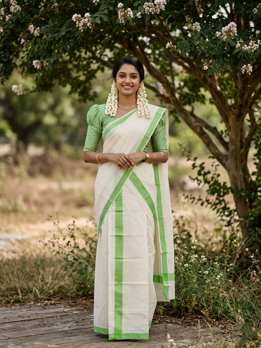 Southloom Pure Cotton Kerala Single Mulloth Set Mundu (Mundum Neriyathum) Green Border in 2.80 mtrs SL270