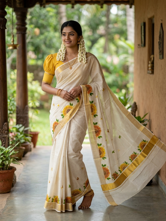 Southloom Cotton Kerala Kasavu Check Saree with Floral Handpainted and Embroidery Work on Body