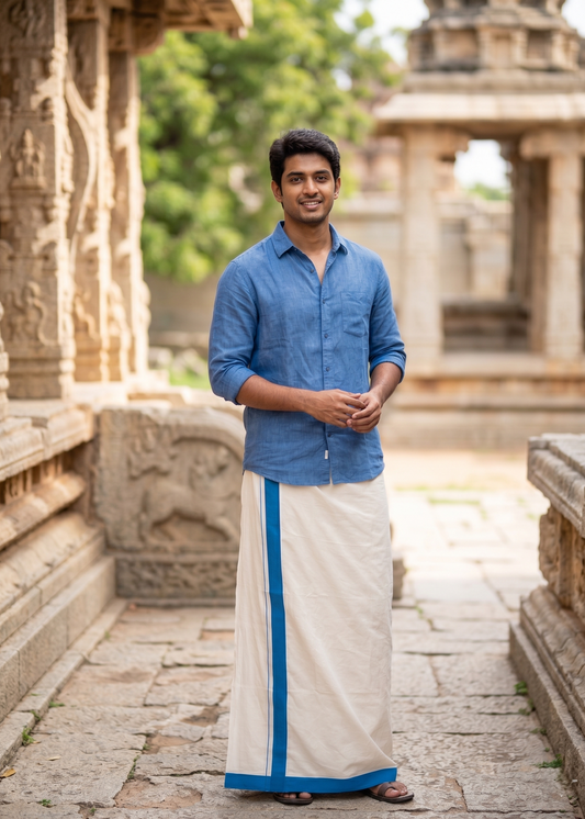 Southloom Kerala Pure Cotton Double Mundu with Blue Border (South Indian Kerala Dhoti)