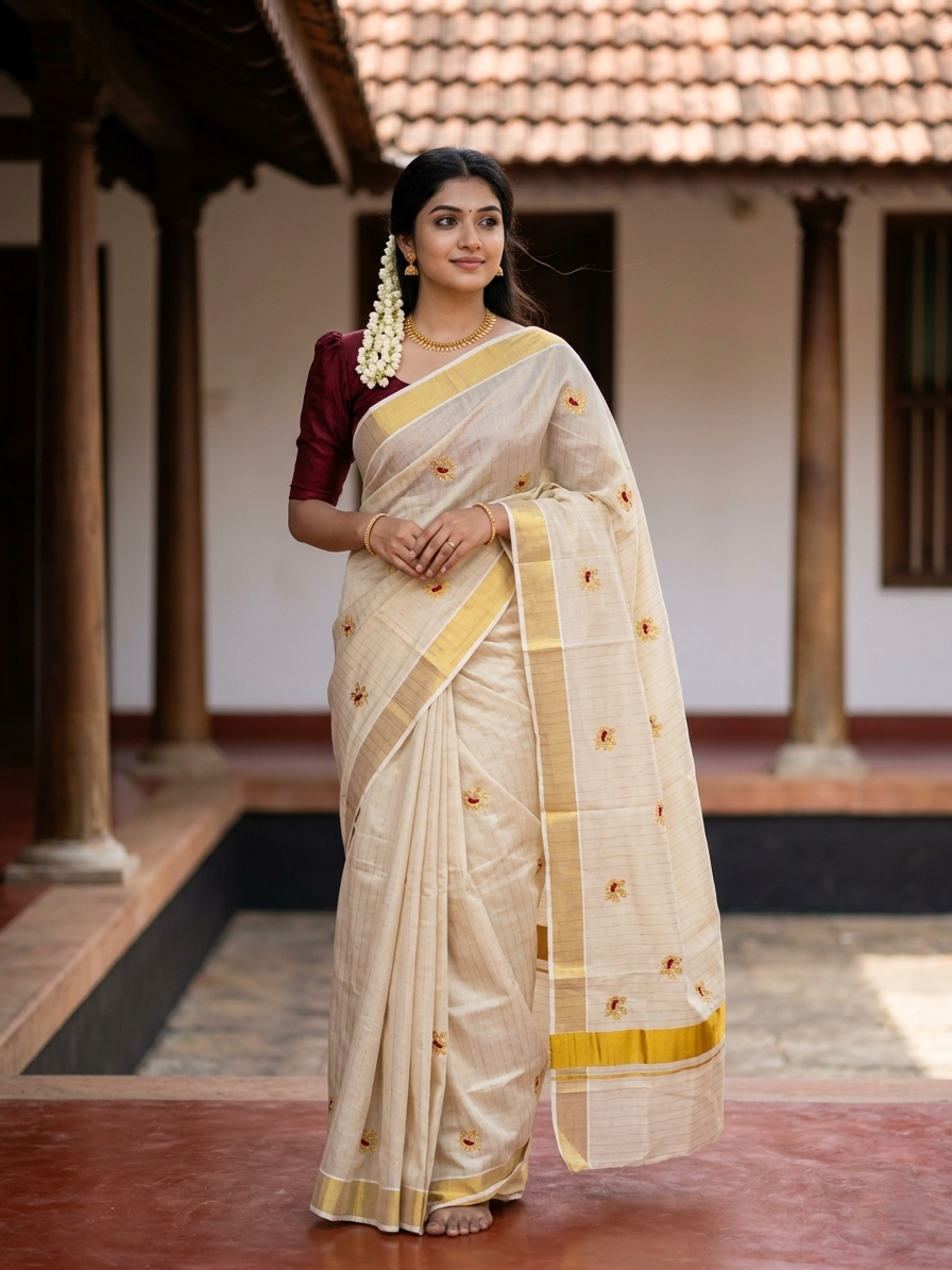 Southloom Tissue Kerala Kasavu Lines Saree with Peacock Embroidery Work on Body in Maroon