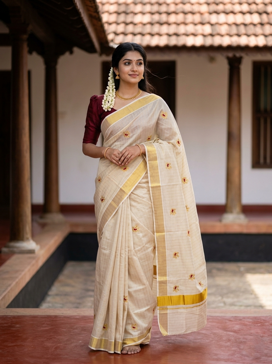 Southloom Tissue Kerala Kasavu Lines Saree with Peacock Embroidery Work on Body in Maroon