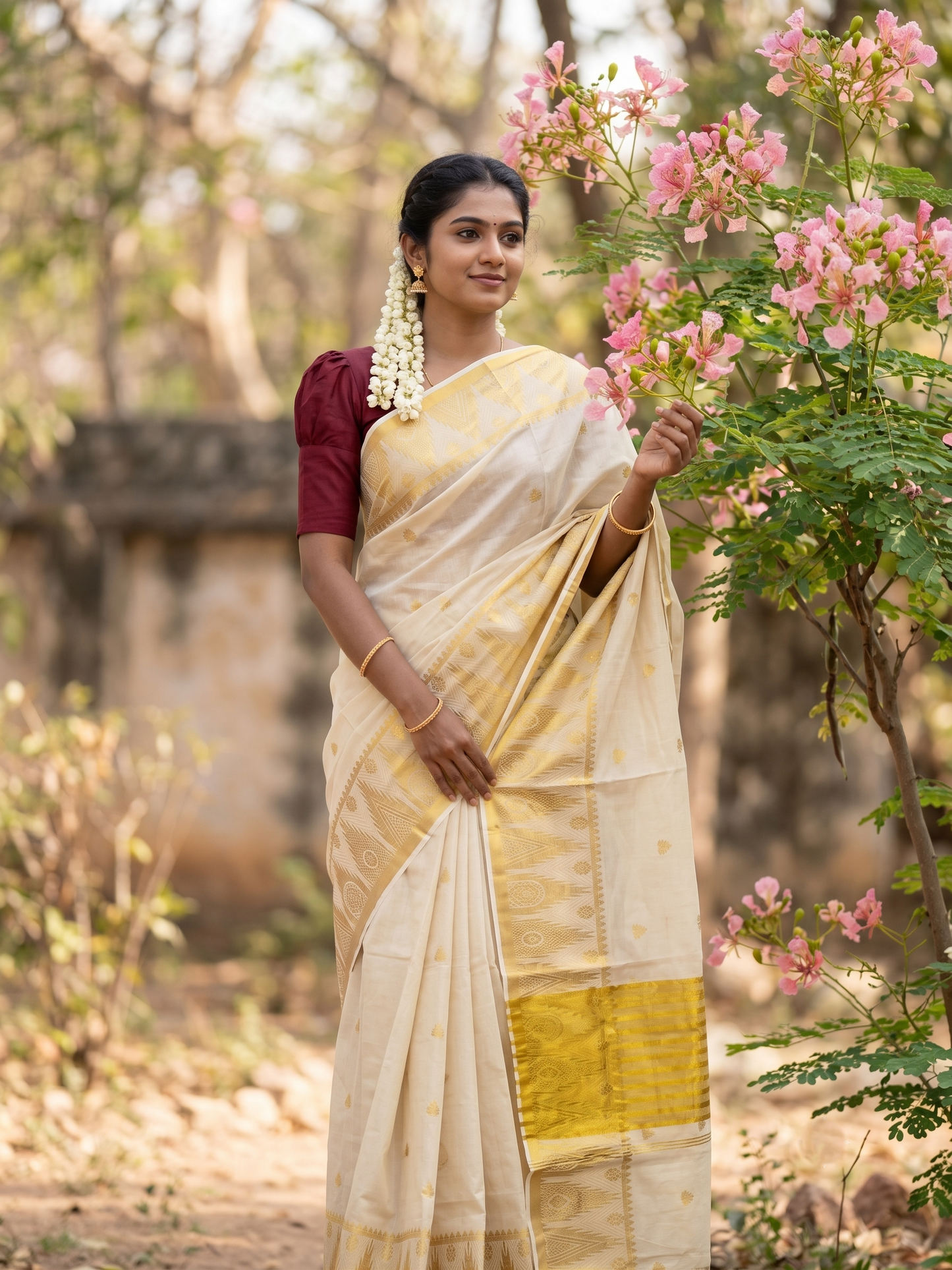 Southloom Tissue Kerala Kasavu Saree with Tample Woven Work on Body and Temple Border with Peacock Design