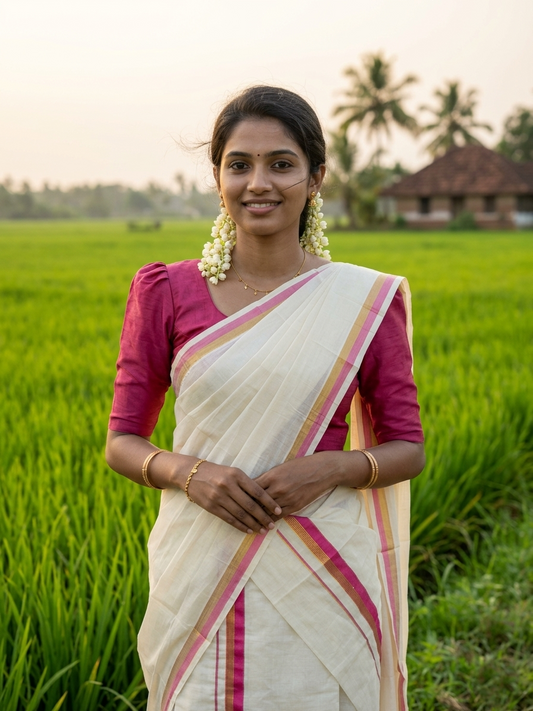 Pure Cotton Kerala Single Set Mundu (Mundum Neriyathum) with Pink Kasavu Border in 2.80 Mtrs