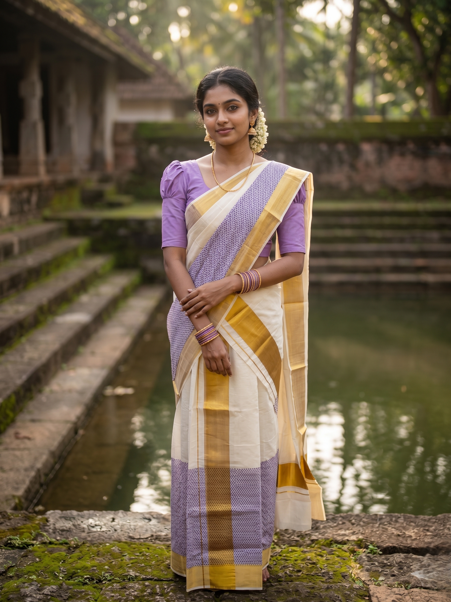 Southloom Kerala Cotton Single Set Mundu With Floral Design 2.80 Mtrs