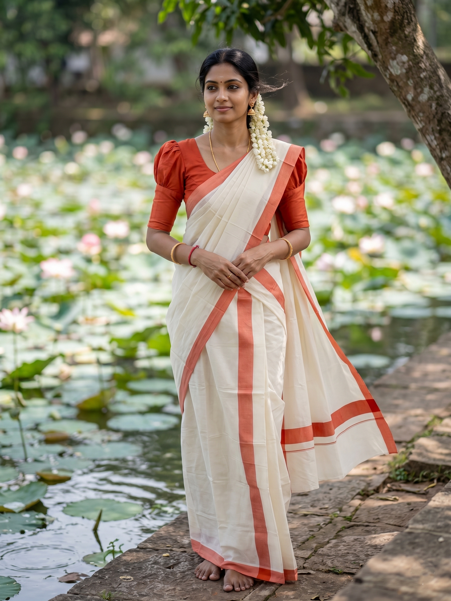 Kerala Mulloth Cotton Single Mundum Neriyathum with Orange Border