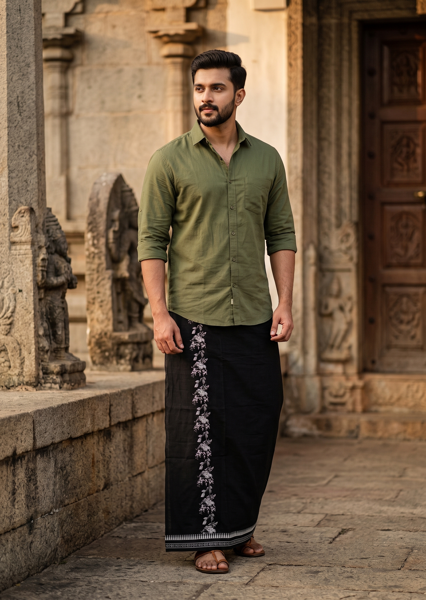 Southloom Black Printed Single Mundu / Otta Mundu / Lungi (South Indian Kerala Dhoti)