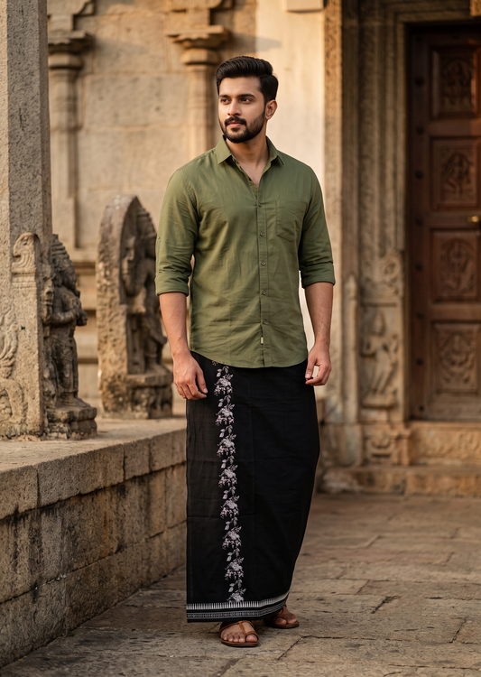 Southloom Black Printed Single Mundu / Otta Mundu / Lungi (South Indian Kerala Dhoti)
