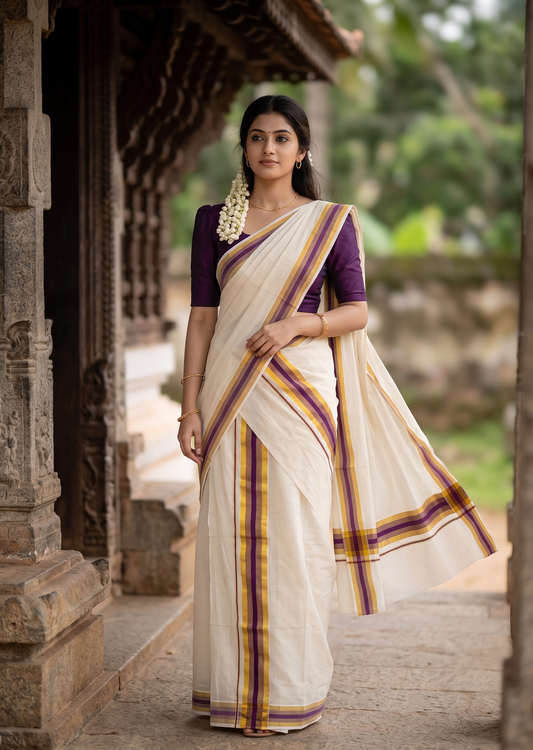 Southloom Kerala Cotton Mundum Neriyathum Single (Set Mundu) with Purple and Kasavu Border 2.80 Mtrs SLKK