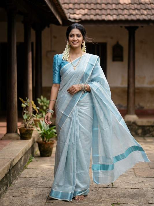 Southloom Blue Kasavu Tissue Plain Kerala Saree