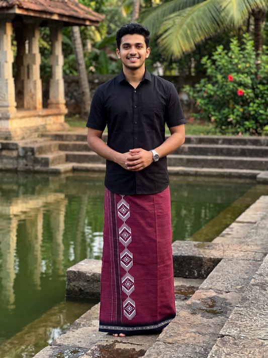 Southloom Maroon Printed Single Mundu / Otta Mundu / Lungi (South Indian Kerala Dhoti)