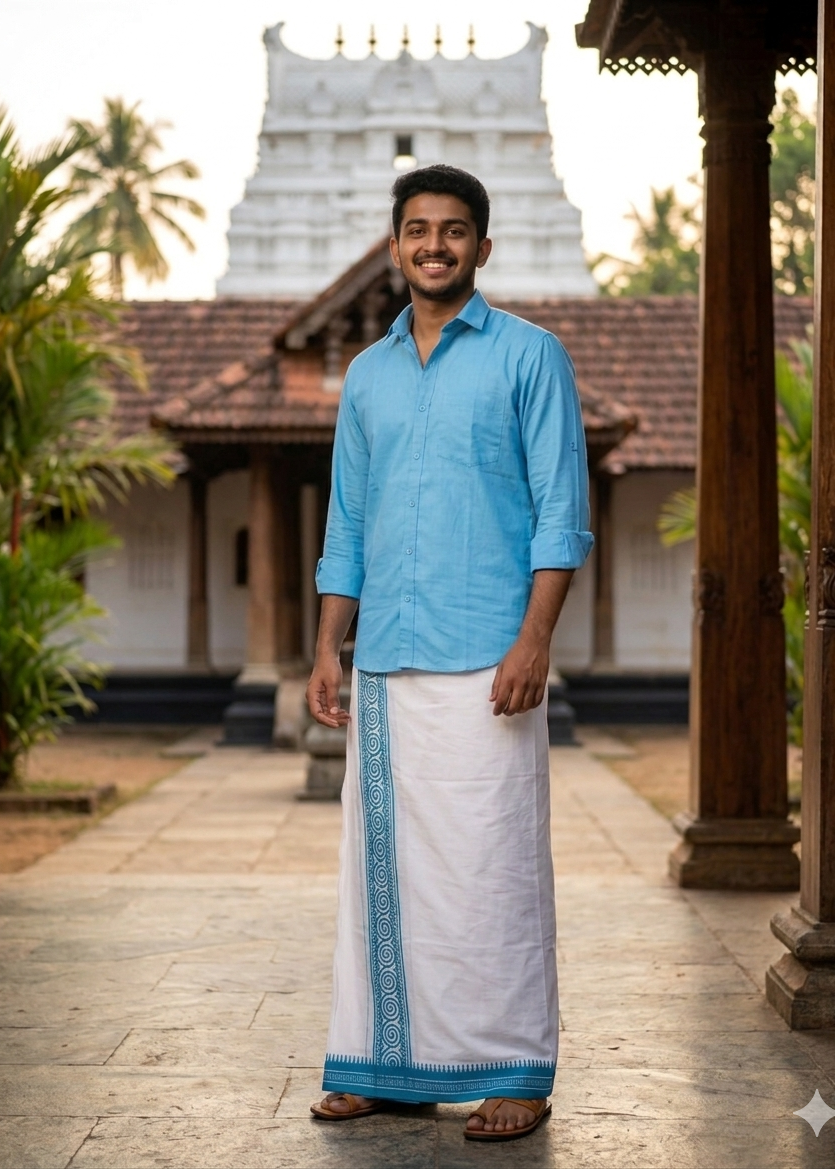 Pure White Single Dhoti With Blue Colour Print SL319