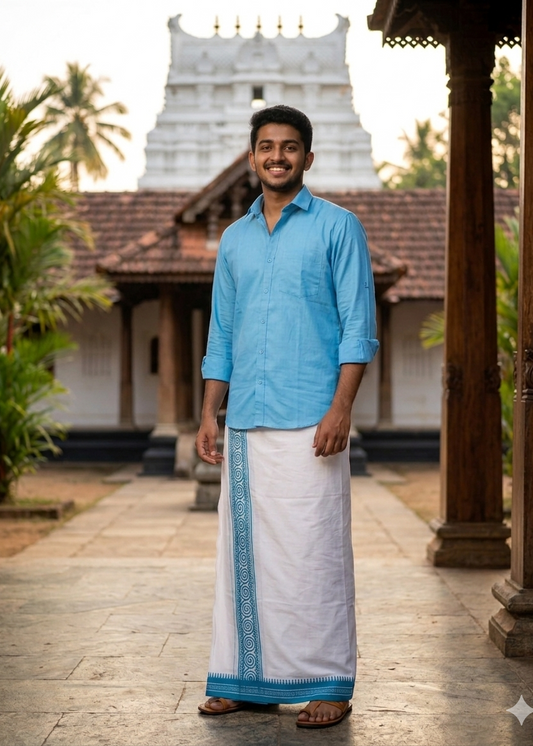 Pure White Single Dhoti With Blue Colour Print SL319